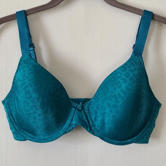 Barely Breezies Teal Blue Leopard Print Full Coverage Bra Size 32C A231957 EUC - Picture 1 of 8